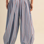 striped balloon pants, cotton balloon pants, striped drawstring pants, women's striped pants, blue and burgundy striped pants, relaxed fit pants, boho cotton pants, comfortable casual pants, fall casual outfit, women's boutique pants, west of may boutique