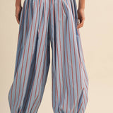 striped balloon pants, cotton balloon pants, striped drawstring pants, women's striped pants, blue and burgundy striped pants, relaxed fit pants, boho cotton pants, comfortable casual pants, fall casual outfit, women's boutique pants, west of may boutique