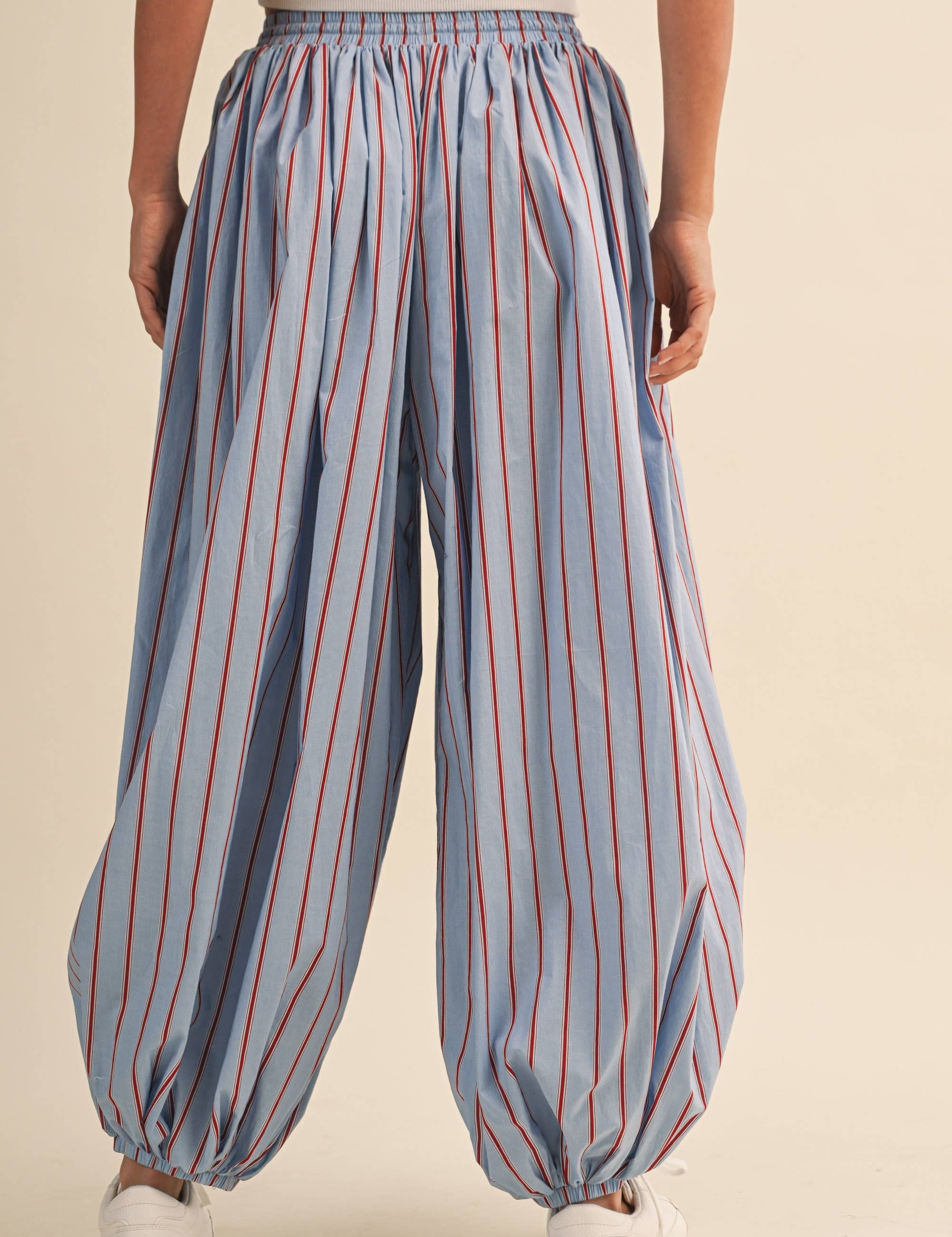 striped balloon pants, cotton balloon pants, striped drawstring pants, women's striped pants, blue and burgundy striped pants, relaxed fit pants, boho cotton pants, comfortable casual pants, fall casual outfit, women's boutique pants, west of may boutique