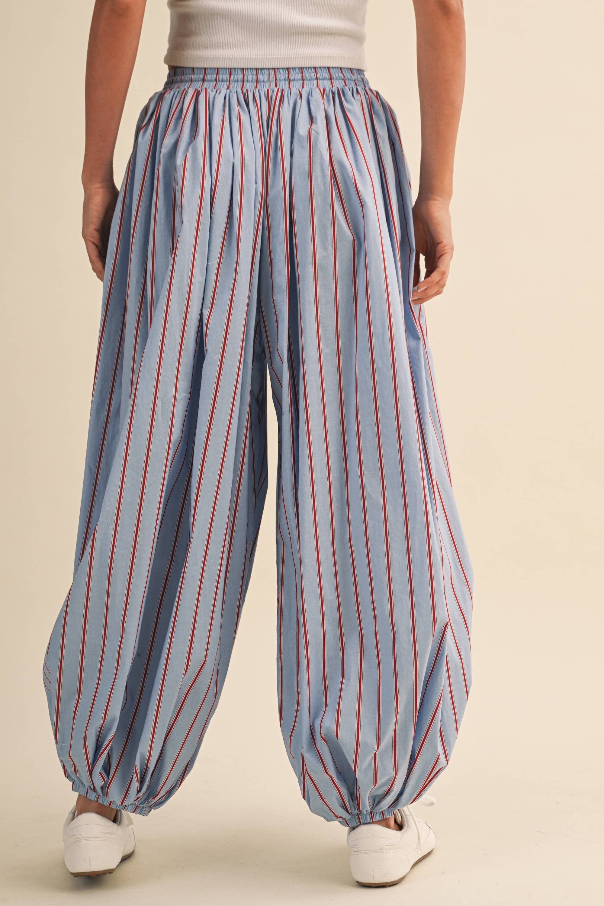 striped balloon pants, cotton balloon pants, striped drawstring pants, women's striped pants, blue and burgundy striped pants, relaxed fit pants, boho cotton pants, comfortable casual pants, fall casual outfit, women's boutique pants, west of may boutique