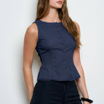 navy vest top, button front vest top, tailored sleeveless top, scallop trim vest, linen blend vest, women's tailored top, structured vest top, fall layering piece, boutique women's top, west of may boutique