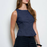navy vest top, button front vest top, tailored sleeveless top, scallop trim vest, linen blend vest, women's tailored top, structured vest top, fall layering piece, boutique women's top, west of may boutique