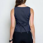 navy vest top, button front vest top, tailored sleeveless top, scallop trim vest, linen blend vest, women's tailored top, structured vest top, fall layering piece, boutique women's top, west of may boutique