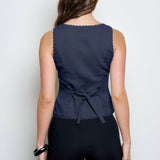 navy vest top, button front vest top, tailored sleeveless top, scallop trim vest, linen blend vest, women's tailored top, structured vest top, fall layering piece, boutique women's top, west of may boutique