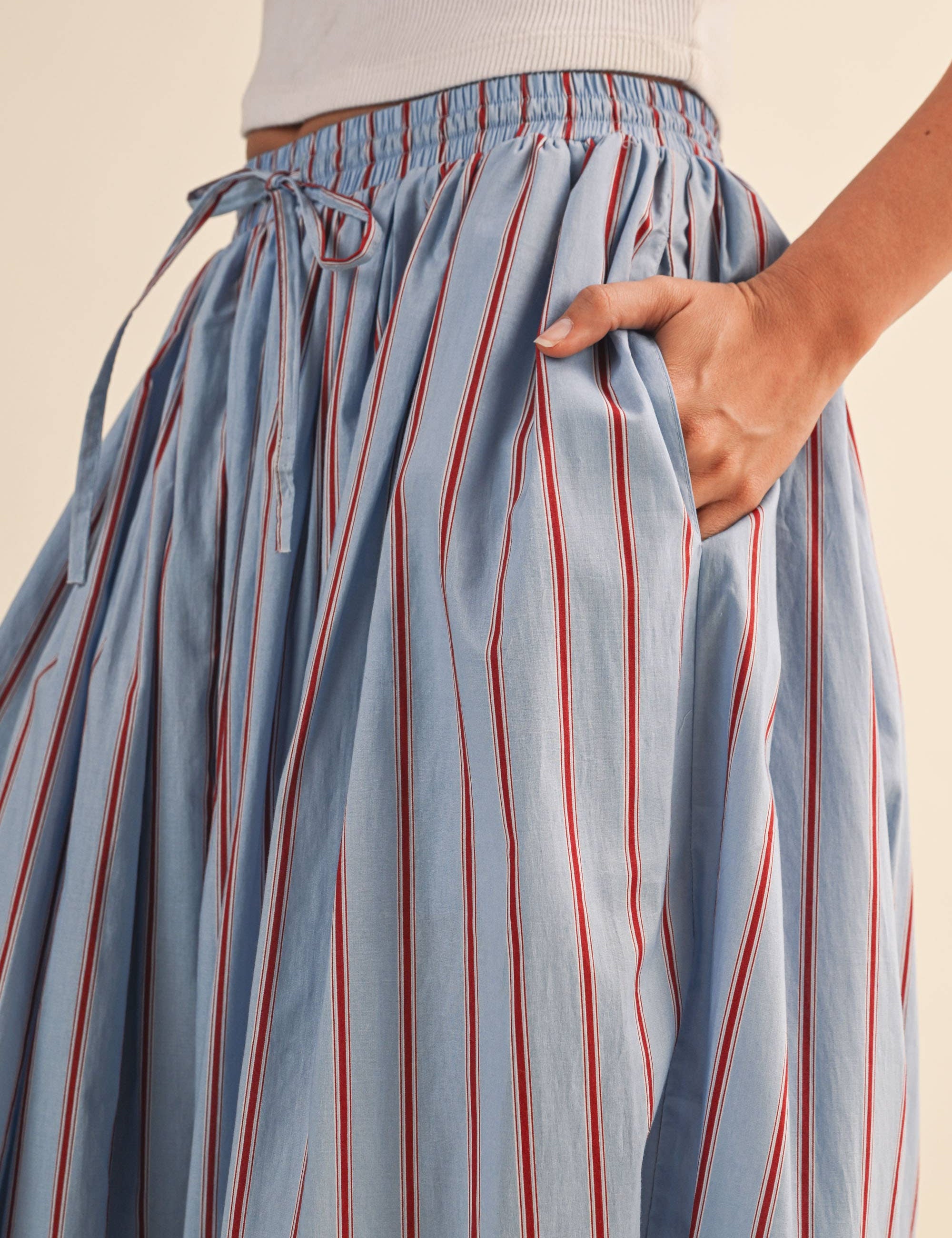 striped balloon pants, cotton balloon pants, striped drawstring pants, women's striped pants, blue and burgundy striped pants, relaxed fit pants, boho cotton pants, comfortable casual pants, fall casual outfit, women's boutique pants, west of may boutique