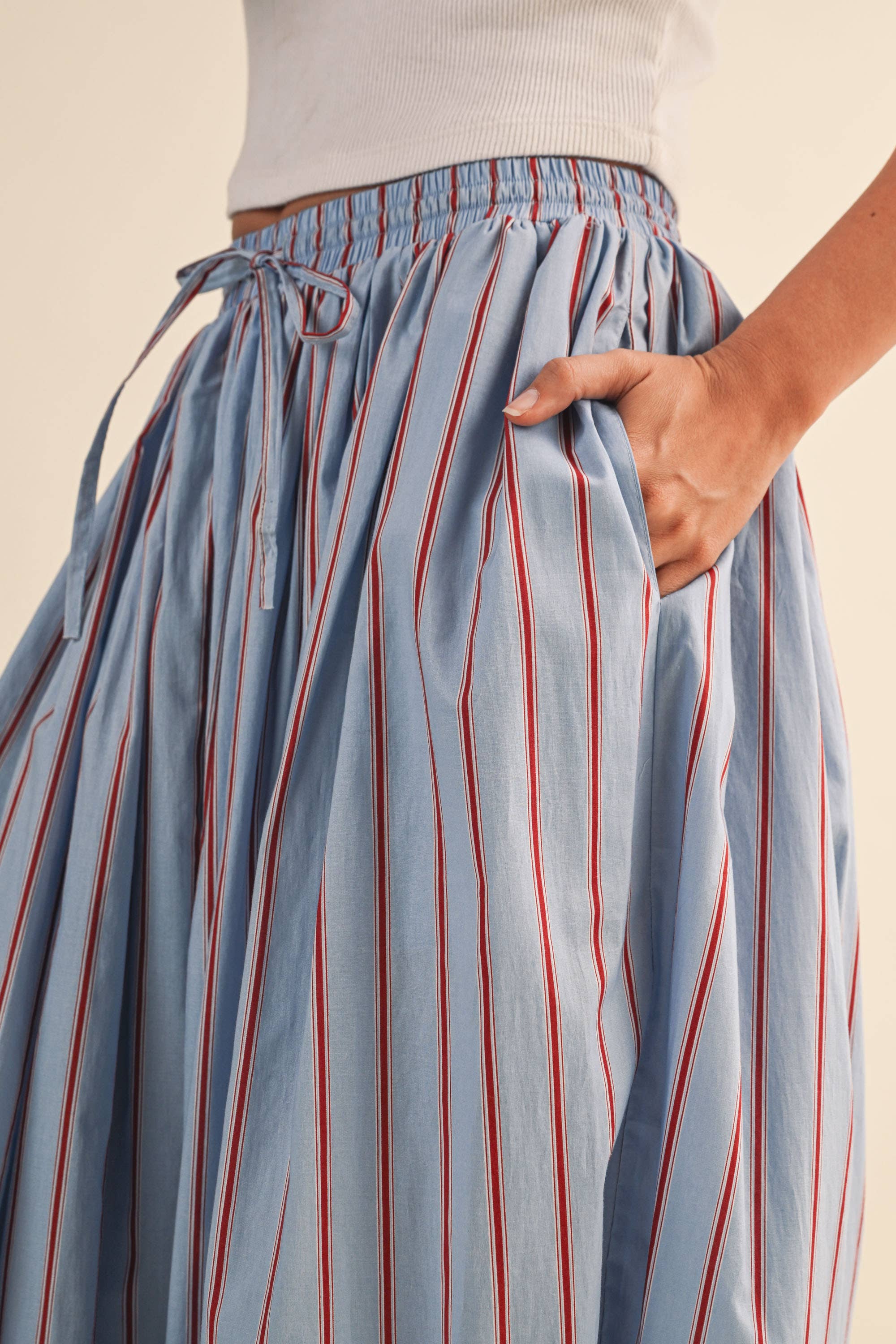 striped balloon pants, cotton balloon pants, striped drawstring pants, women's striped pants, blue and burgundy striped pants, relaxed fit pants, boho cotton pants, comfortable casual pants, fall casual outfit, women's boutique pants, west of may boutique
