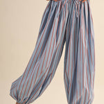 striped balloon pants, cotton balloon pants, striped drawstring pants, women's striped pants, blue and burgundy striped pants, relaxed fit pants, boho cotton pants, comfortable casual pants, fall casual outfit, women's boutique pants, west of may boutique