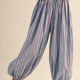 striped balloon pants, cotton balloon pants, striped drawstring pants, women's striped pants, blue and burgundy striped pants, relaxed fit pants, boho cotton pants, comfortable casual pants, fall casual outfit, women's boutique pants, west of may boutique