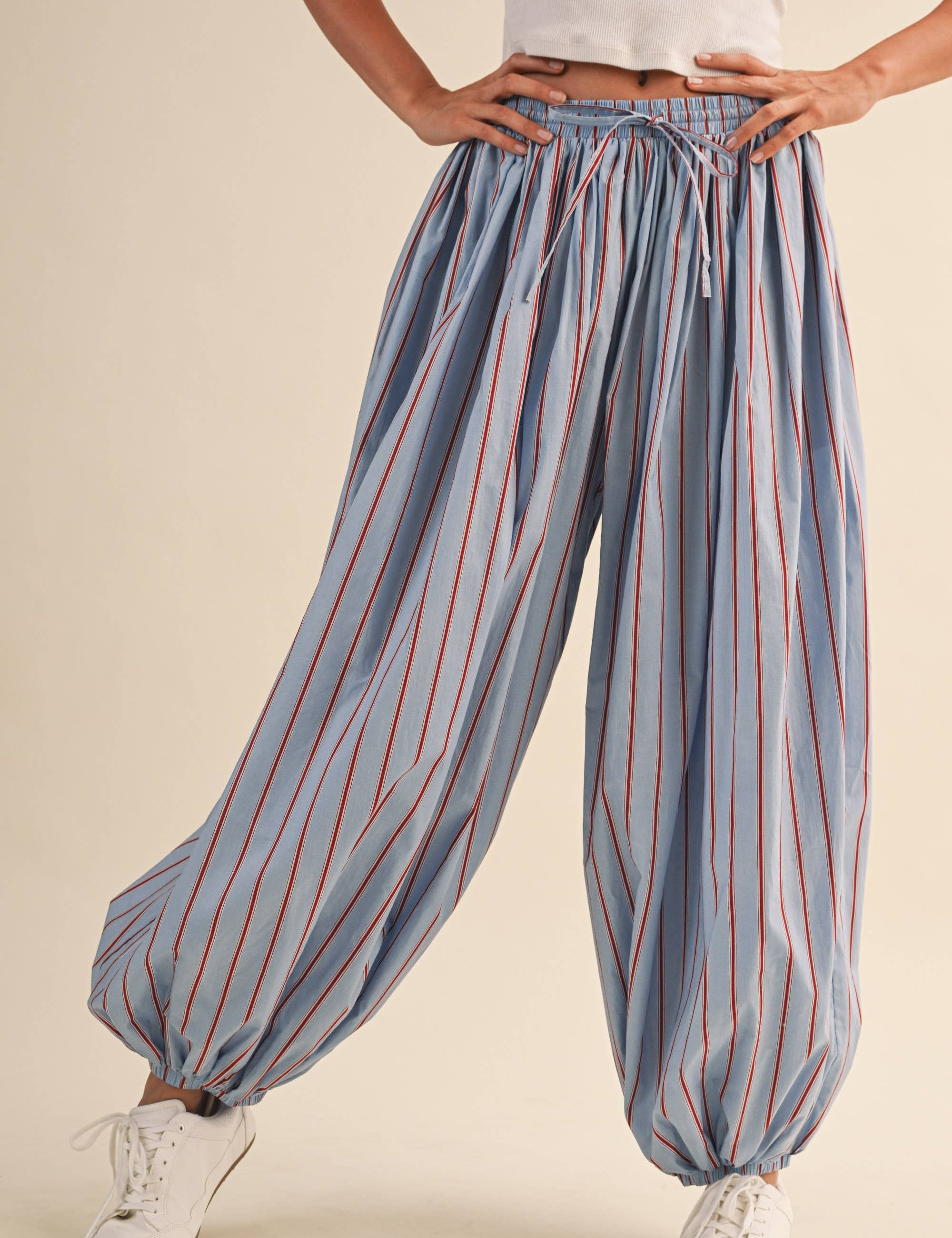 striped balloon pants, cotton balloon pants, striped drawstring pants, women's striped pants, blue and burgundy striped pants, relaxed fit pants, boho cotton pants, comfortable casual pants, fall casual outfit, women's boutique pants, west of may boutique