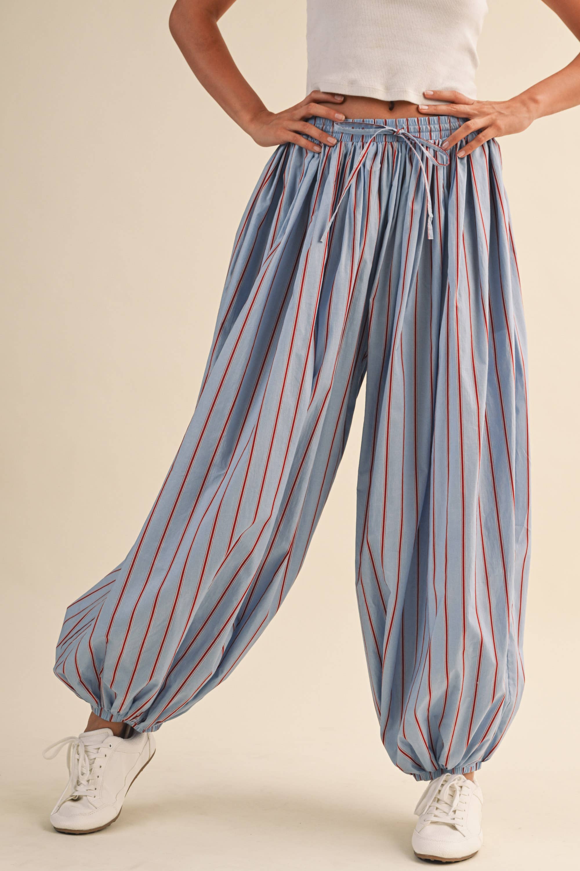 striped balloon pants, cotton balloon pants, striped drawstring pants, women's striped pants, blue and burgundy striped pants, relaxed fit pants, boho cotton pants, comfortable casual pants, fall casual outfit, women's boutique pants, west of may boutique