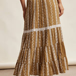embroidered maxi skirt, boho maxi skirt, brown embroidered skirt, tiered maxi skirt, drawstring waist skirt, lined boho skirt, lace trim maxi skirt, western inspired skirt, flowy embroidered skirt, fall maxi skirt