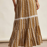 embroidered maxi skirt, boho maxi skirt, brown embroidered skirt, tiered maxi skirt, drawstring waist skirt, lined boho skirt, lace trim maxi skirt, western inspired skirt, flowy embroidered skirt, fall maxi skirt