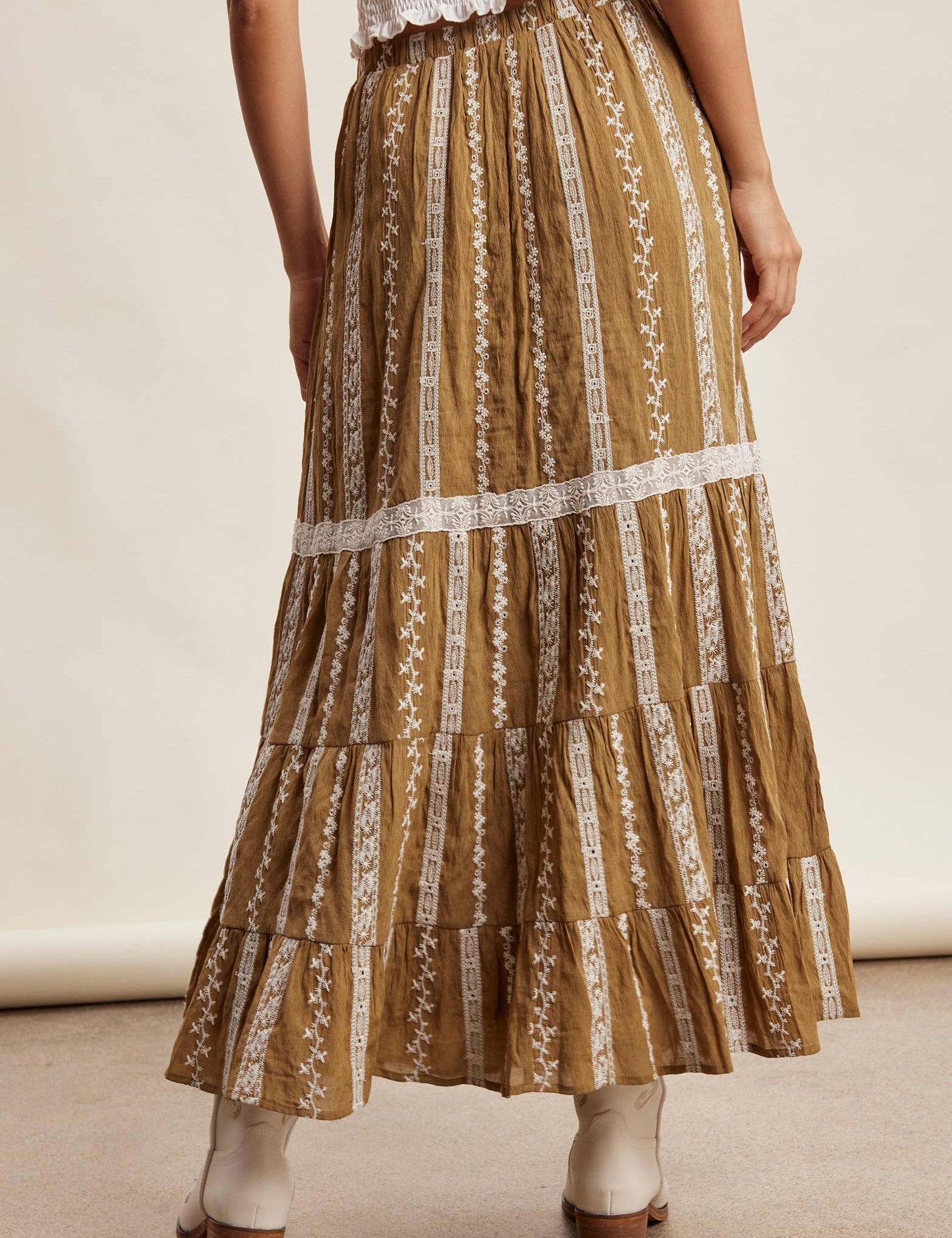 embroidered maxi skirt, boho maxi skirt, brown embroidered skirt, tiered maxi skirt, drawstring waist skirt, lined boho skirt, lace trim maxi skirt, western inspired skirt, flowy embroidered skirt, fall maxi skirt