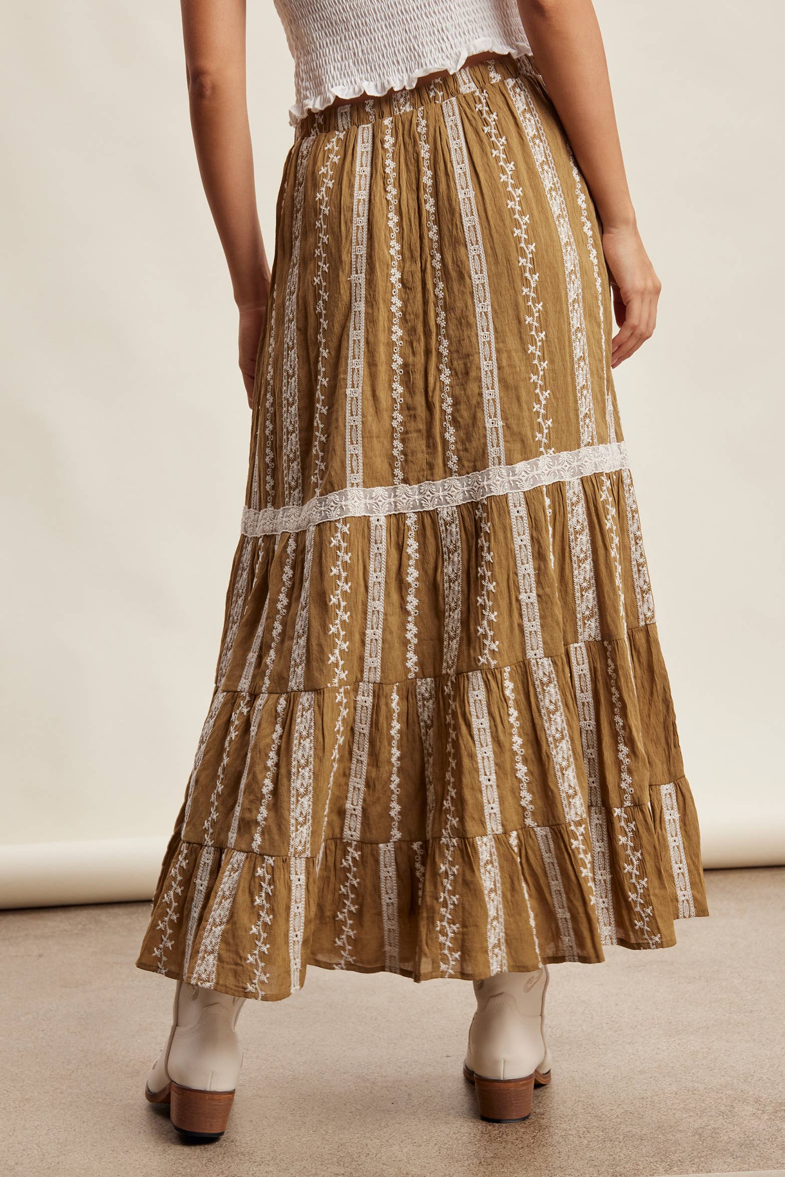 embroidered maxi skirt, boho maxi skirt, brown embroidered skirt, tiered maxi skirt, drawstring waist skirt, lined boho skirt, lace trim maxi skirt, western inspired skirt, flowy embroidered skirt, fall maxi skirt