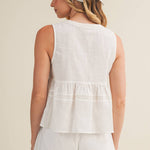 embroidered floral vest, tie front peplum top, white embroidered blouse, cottagecore vest top, lace trim sleeveless top, floral embroidered tank, boho peplum vest, embroidered cotton top, feminine tie front blouse, white summer vest
