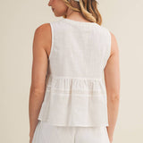 embroidered floral vest, tie front peplum top, white embroidered blouse, cottagecore vest top, lace trim sleeveless top, floral embroidered tank, boho peplum vest, embroidered cotton top, feminine tie front blouse, white summer vest