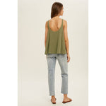 olive green gauze tank top, cotton gauze sleeveless top, flowy green tank top, relaxed fit summer tank, button front gauze top, lightweight cotton tank, casual olive sleeveless blouse, breezy everyday tank top, boho cotton gauze top, loose fit summer shirt