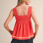 red smocked top
cotton linen tank top
square neck summer top
sleeveless swing top
watermelon red blouse
smocked bodice top
cotton linen summer blouse
casual summer outfit
red sleeveless top women
lightweight summer top
county fair outfit
vacation outfit women
relaxed fit summer blouse
boutique summer clothing
square neckline tank
summer picnic outfit
breathable cotton linen top
feminine summer blouse
bright red summer top
americana summer style