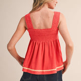 red smocked top
cotton linen tank top
square neck summer top
sleeveless swing top
watermelon red blouse
smocked bodice top
cotton linen summer blouse
casual summer outfit
red sleeveless top women
lightweight summer top
county fair outfit
vacation outfit women
relaxed fit summer blouse
boutique summer clothing
square neckline tank
summer picnic outfit
breathable cotton linen top
feminine summer blouse
bright red summer top
americana summer style