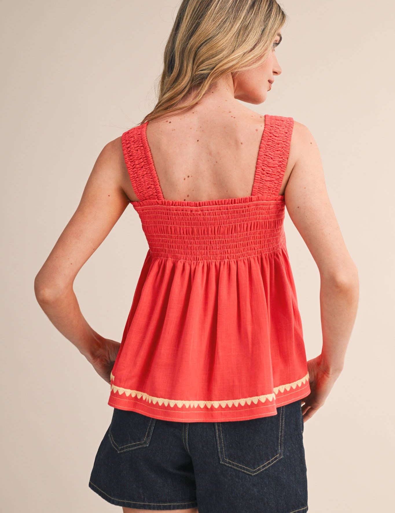 red smocked top
cotton linen tank top
square neck summer top
sleeveless swing top
watermelon red blouse
smocked bodice top
cotton linen summer blouse
casual summer outfit
red sleeveless top women
lightweight summer top
county fair outfit
vacation outfit women
relaxed fit summer blouse
boutique summer clothing
square neckline tank
summer picnic outfit
breathable cotton linen top
feminine summer blouse
bright red summer top
americana summer style