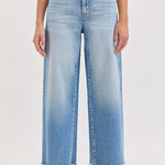 high rise wide leg jeans, light wash wide leg jeans, cropped wide leg denim, raw hem jeans, women's high rise jeans, light wash denim pants, stretchy wide leg jeans, everyday denim, cropped jeans women, casual blue jeans