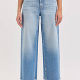 high rise wide leg jeans, light wash wide leg jeans, cropped wide leg denim, raw hem jeans, women's high rise jeans, light wash denim pants, stretchy wide leg jeans, everyday denim, cropped jeans women, casual blue jeans