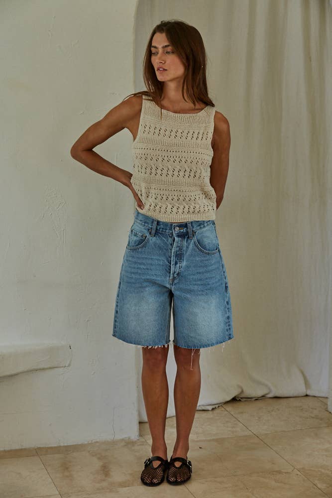 cream open knit sweater tank, crochet knit tank top, sleeveless sweater tank, boat neck knit top, lightweight sweater vest, textured knit tank, women's cream sweater tank, breathable knit top, neutral layering tank, open weave sweater tank
