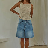 cream open knit sweater tank, crochet knit tank top, sleeveless sweater tank, boat neck knit top, lightweight sweater vest, textured knit tank, women's cream sweater tank, breathable knit top, neutral layering tank, open weave sweater tank