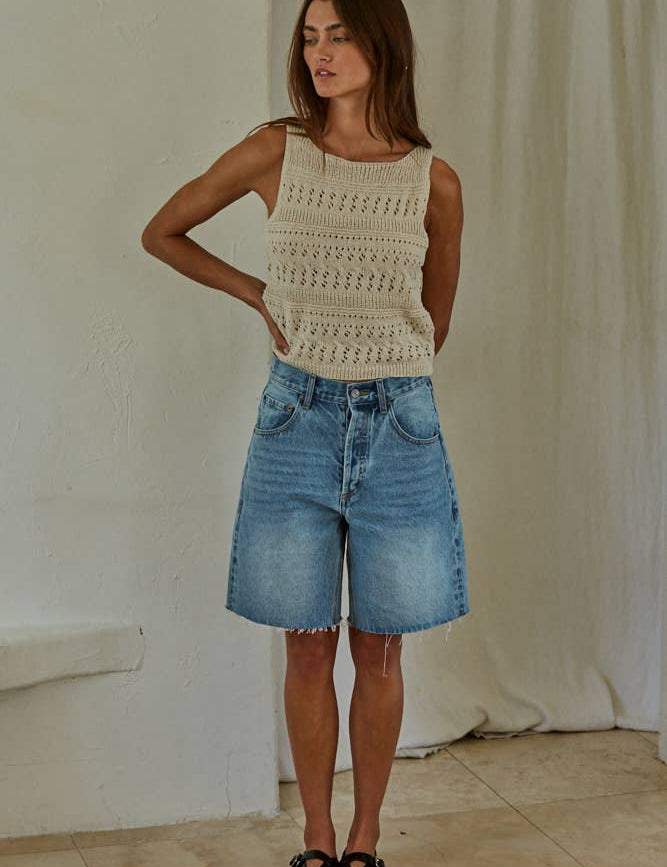 cream open knit sweater tank, crochet knit tank top, sleeveless sweater tank, boat neck knit top, lightweight sweater vest, textured knit tank, women's cream sweater tank, breathable knit top, neutral layering tank, open weave sweater tank