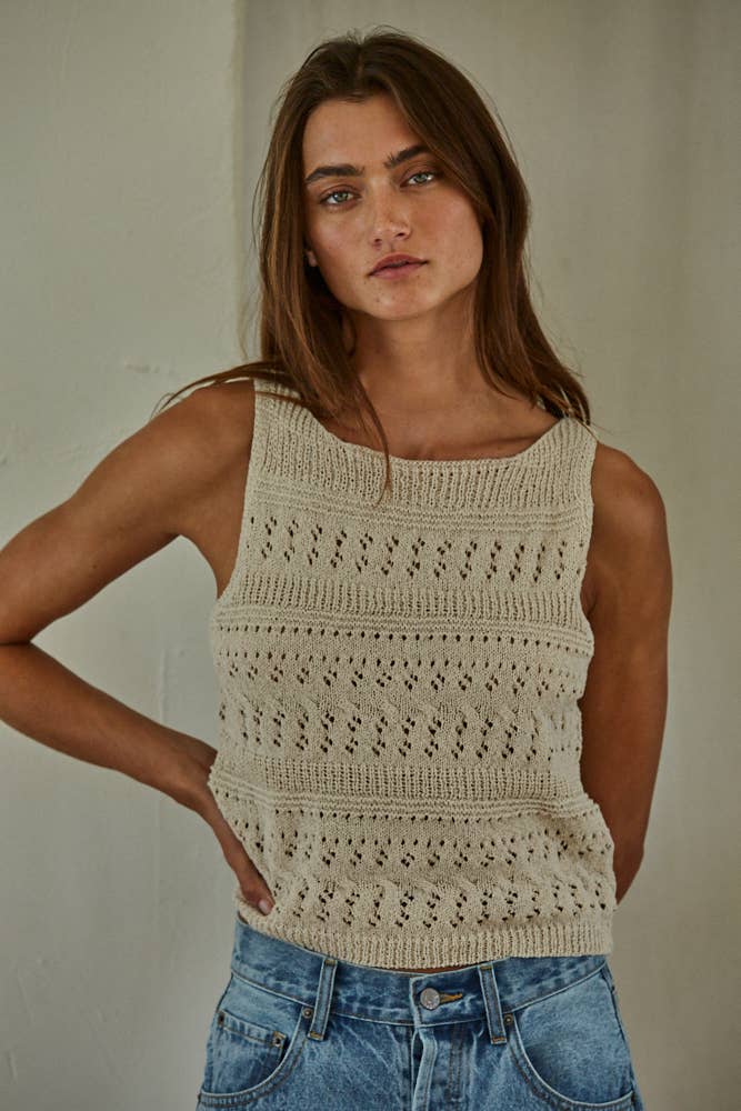 cream open knit sweater tank, crochet knit tank top, sleeveless sweater tank, boat neck knit top, lightweight sweater vest, textured knit tank, women's cream sweater tank, breathable knit top, neutral layering tank, open weave sweater tank