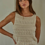 cream open knit sweater tank, crochet knit tank top, sleeveless sweater tank, boat neck knit top, lightweight sweater vest, textured knit tank, women's cream sweater tank, breathable knit top, neutral layering tank, open weave sweater tank