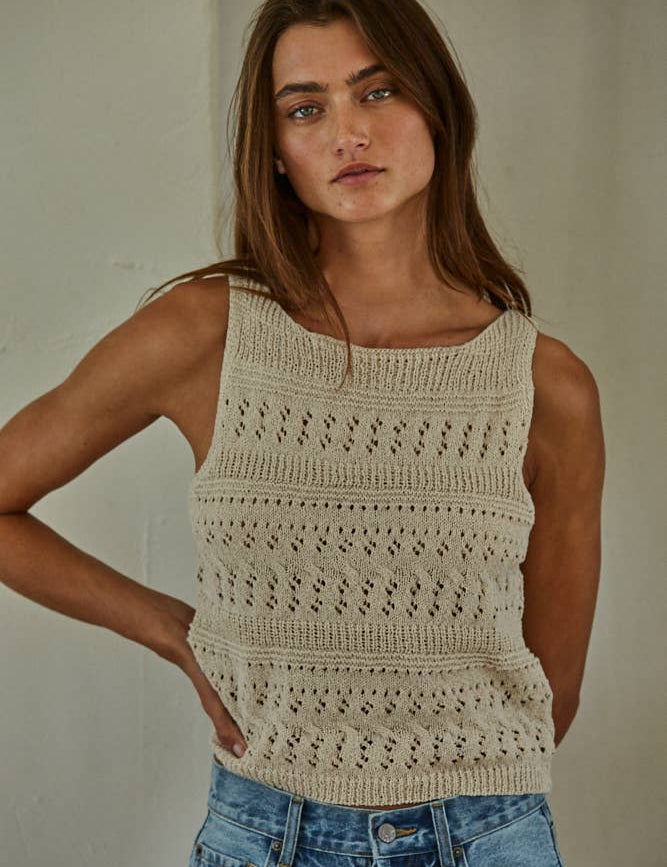 cream open knit sweater tank, crochet knit tank top, sleeveless sweater tank, boat neck knit top, lightweight sweater vest, textured knit tank, women's cream sweater tank, breathable knit top, neutral layering tank, open weave sweater tank