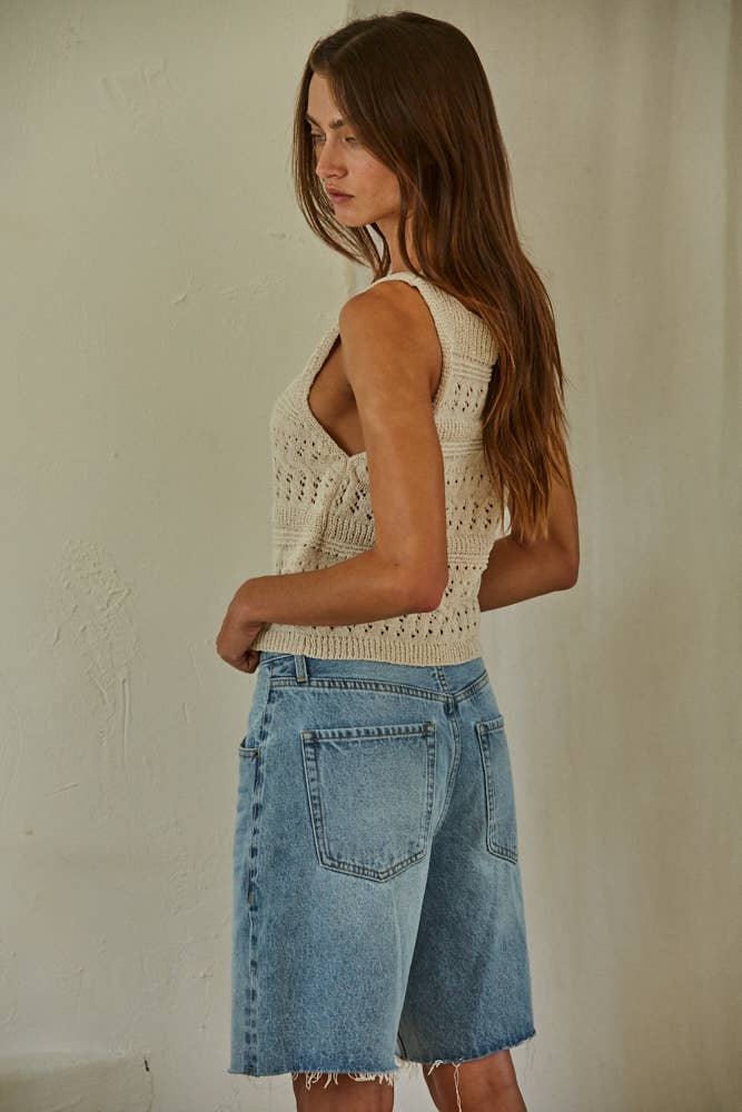 cream open knit sweater tank, crochet knit tank top, sleeveless sweater tank, boat neck knit top, lightweight sweater vest, textured knit tank, women's cream sweater tank, breathable knit top, neutral layering tank, open weave sweater tank