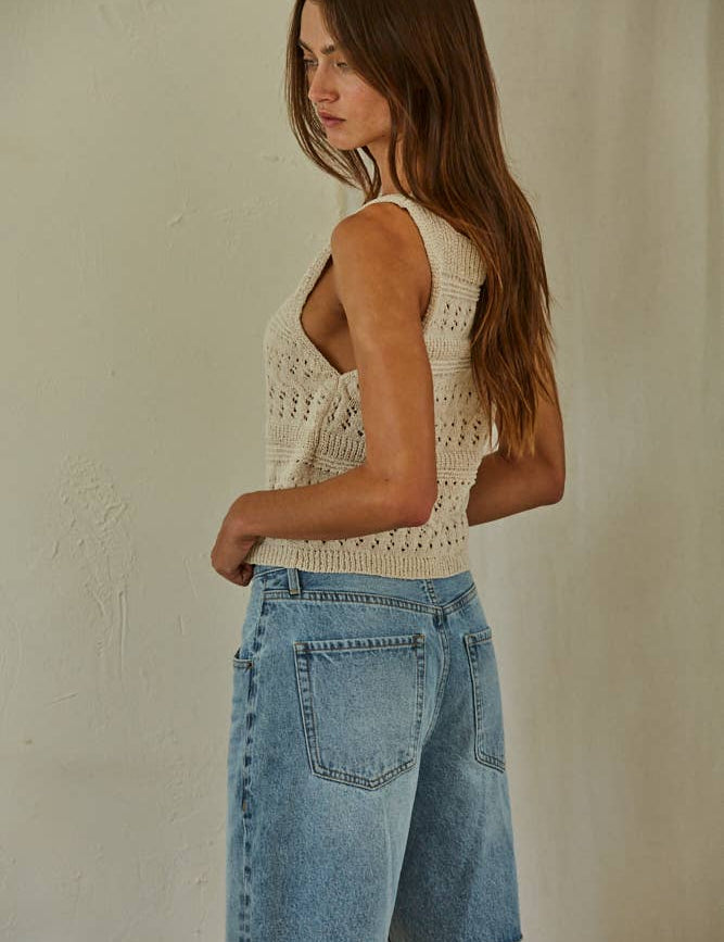 cream open knit sweater tank, crochet knit tank top, sleeveless sweater tank, boat neck knit top, lightweight sweater vest, textured knit tank, women's cream sweater tank, breathable knit top, neutral layering tank, open weave sweater tank