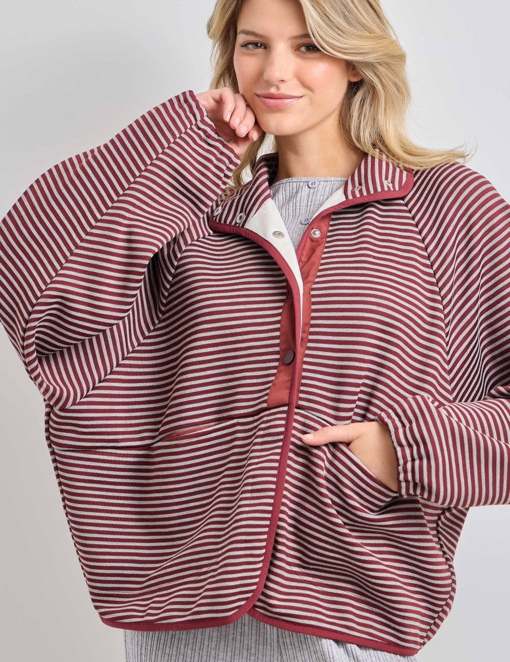 striped knit jacket, oversized striped cardigan jacket, button front knit jacket, varsity inspired jacket, burgundy striped jacket, lightweight fall layer, relaxed knit jacket, women's boutique jacket, west of may boutique, free people dupe