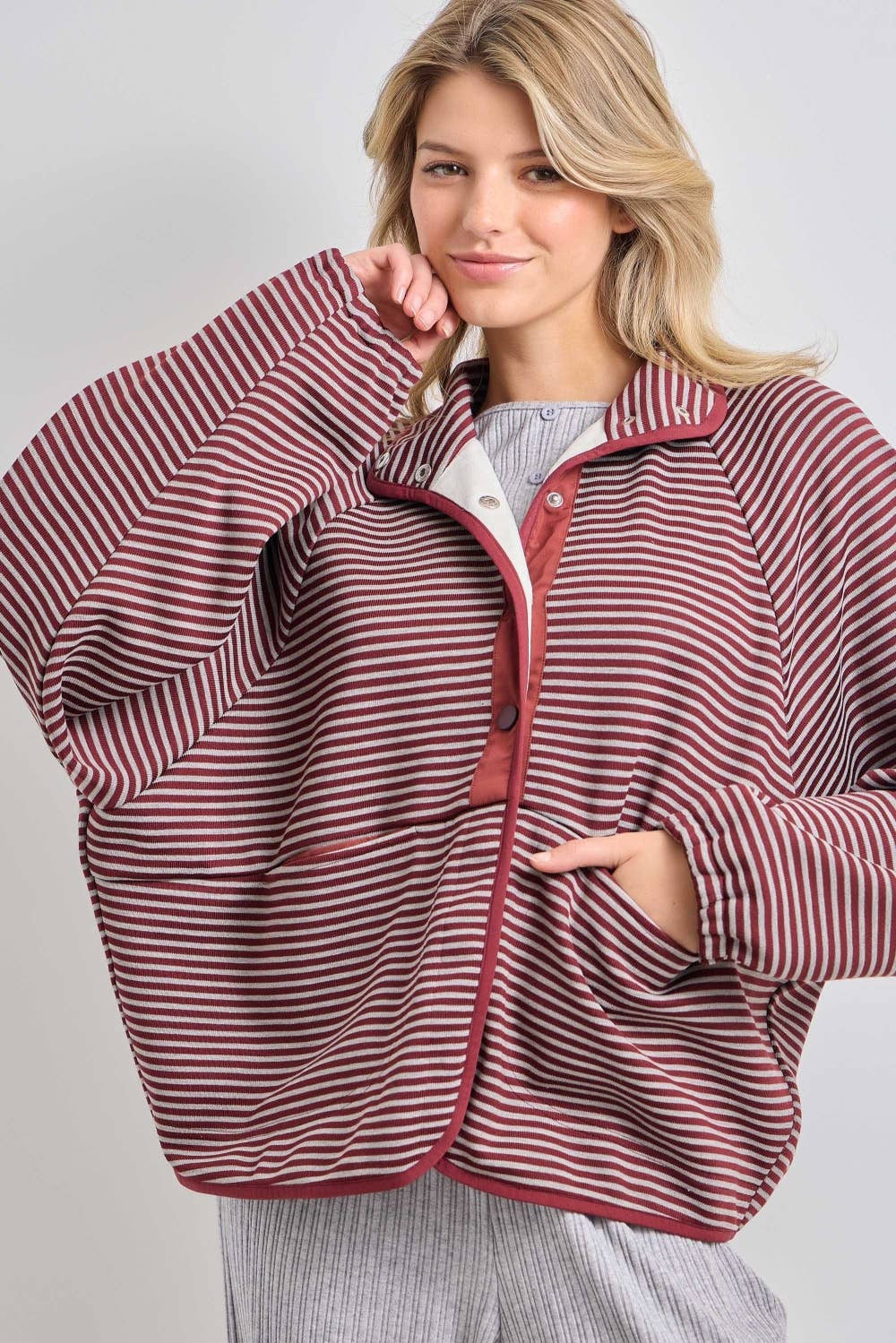 striped knit jacket, oversized striped cardigan jacket, button front knit jacket, varsity inspired jacket, burgundy striped jacket, lightweight fall layer, relaxed knit jacket, women's boutique jacket, west of may boutique, free people dupe