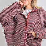 striped knit jacket, oversized striped cardigan jacket, button front knit jacket, varsity inspired jacket, burgundy striped jacket, lightweight fall layer, relaxed knit jacket, women's boutique jacket, west of may boutique, free people dupe