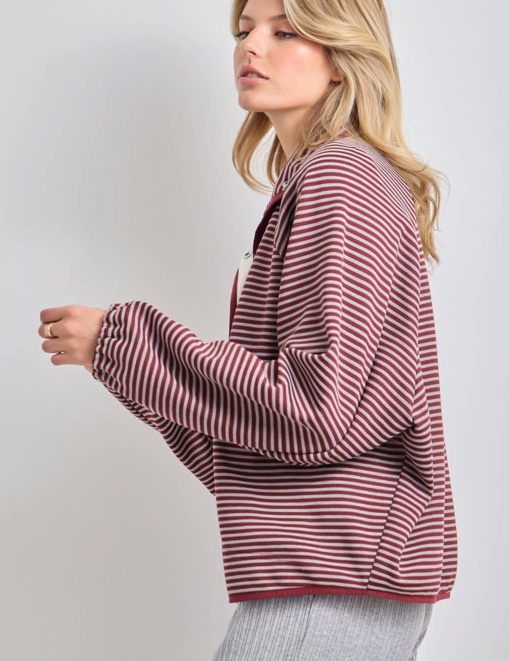 striped knit jacket, oversized striped cardigan jacket, button front knit jacket, varsity inspired jacket, burgundy striped jacket, lightweight fall layer, relaxed knit jacket, women's boutique jacket, west of may boutique, free people dupe