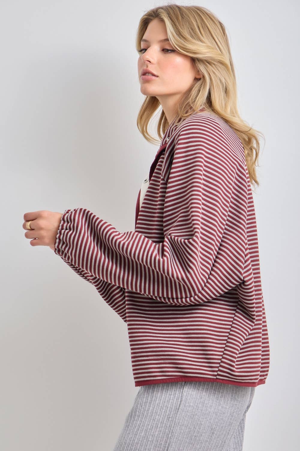 striped knit jacket, oversized striped cardigan jacket, button front knit jacket, varsity inspired jacket, burgundy striped jacket, lightweight fall layer, relaxed knit jacket, women's boutique jacket, west of may boutique, free people dupe
