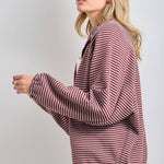 striped knit jacket, oversized striped cardigan jacket, button front knit jacket, varsity inspired jacket, burgundy striped jacket, lightweight fall layer, relaxed knit jacket, women's boutique jacket, west of may boutique, free people dupe