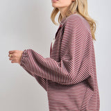striped knit jacket, oversized striped cardigan jacket, button front knit jacket, varsity inspired jacket, burgundy striped jacket, lightweight fall layer, relaxed knit jacket, women's boutique jacket, west of may boutique, free people dupe