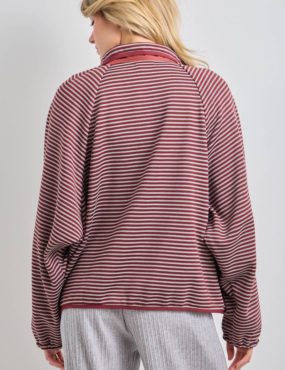 striped knit jacket, oversized striped cardigan jacket, button front knit jacket, varsity inspired jacket, burgundy striped jacket, lightweight fall layer, relaxed knit jacket, women's boutique jacket, west of may boutique, free people dupe
