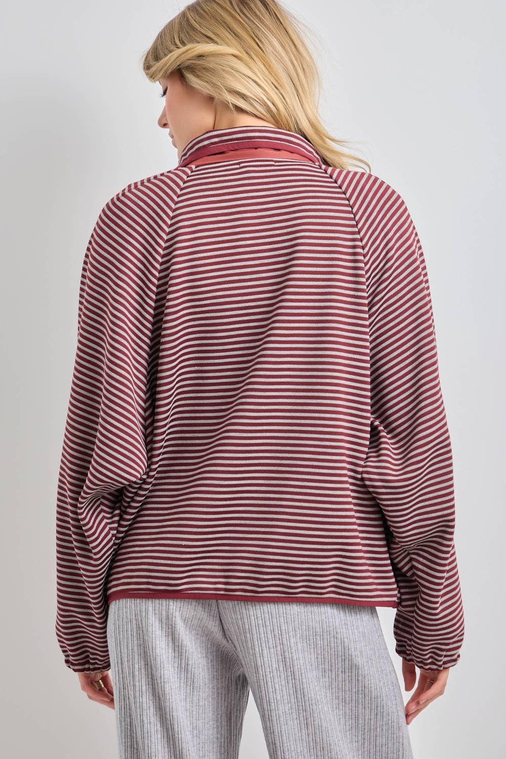 striped knit jacket, oversized striped cardigan jacket, button front knit jacket, varsity inspired jacket, burgundy striped jacket, lightweight fall layer, relaxed knit jacket, women's boutique jacket, west of may boutique, free people dupe