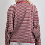 striped knit jacket, oversized striped cardigan jacket, button front knit jacket, varsity inspired jacket, burgundy striped jacket, lightweight fall layer, relaxed knit jacket, women's boutique jacket, west of may boutique, free people dupe