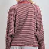 striped knit jacket, oversized striped cardigan jacket, button front knit jacket, varsity inspired jacket, burgundy striped jacket, lightweight fall layer, relaxed knit jacket, women's boutique jacket, west of may boutique, free people dupe