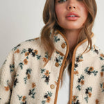 floral sherpa jacket, women's sherpa jacket, ivory fleece jacket, floral fleece jacket, women's fall jacket, cozy fall jacket, snap front sherpa jacket, printed sherpa jacket, women's boutique outerwear