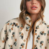 floral sherpa jacket, women's sherpa jacket, ivory fleece jacket, floral fleece jacket, women's fall jacket, cozy fall jacket, snap front sherpa jacket, printed sherpa jacket, women's boutique outerwear