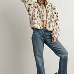 floral sherpa jacket, women's sherpa jacket, ivory fleece jacket, floral fleece jacket, women's fall jacket, cozy fall jacket, snap front sherpa jacket, printed sherpa jacket, women's boutique outerwear