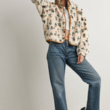 floral sherpa jacket, women's sherpa jacket, ivory fleece jacket, floral fleece jacket, women's fall jacket, cozy fall jacket, snap front sherpa jacket, printed sherpa jacket, women's boutique outerwear