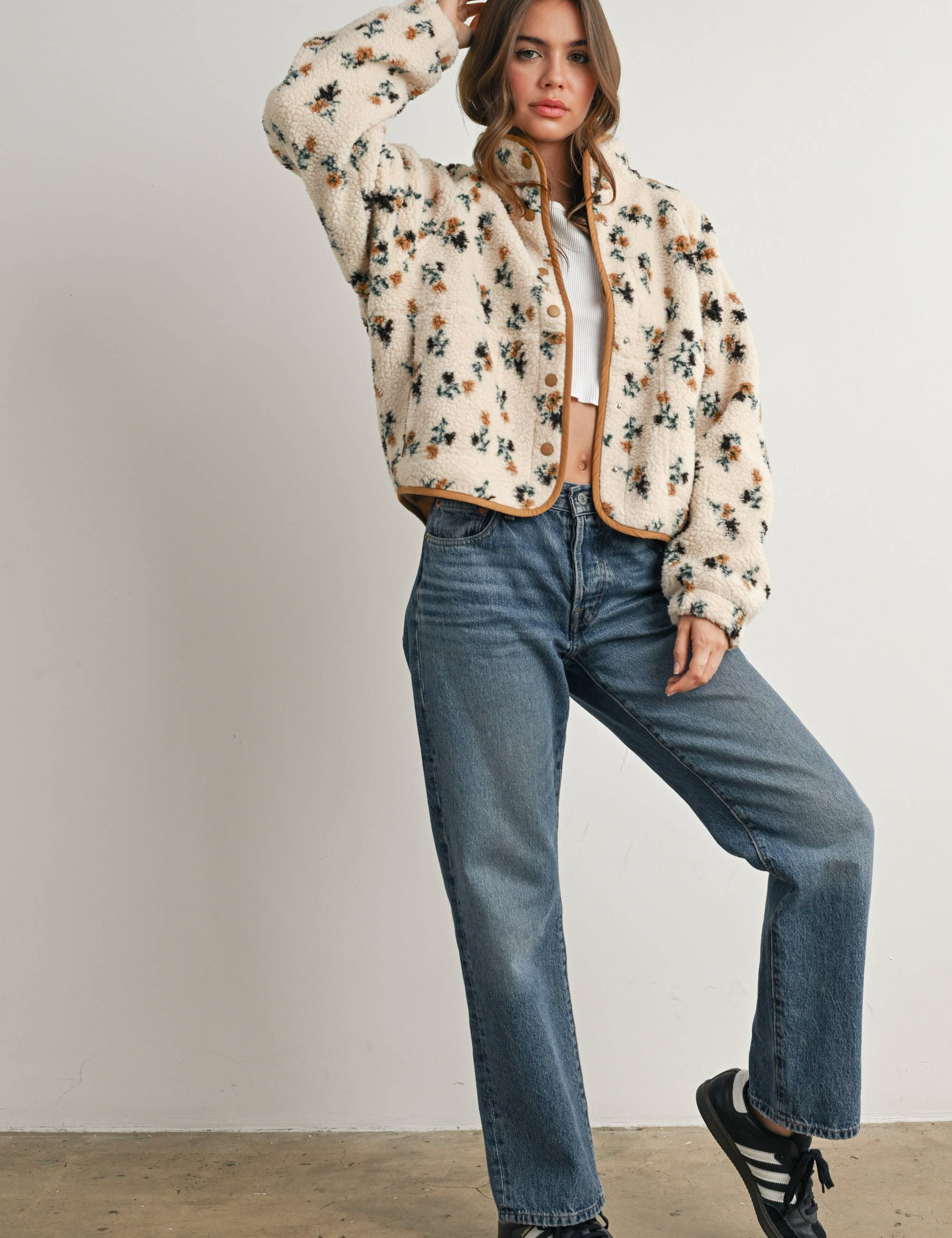 floral sherpa jacket, women's sherpa jacket, ivory fleece jacket, floral fleece jacket, women's fall jacket, cozy fall jacket, snap front sherpa jacket, printed sherpa jacket, women's boutique outerwear